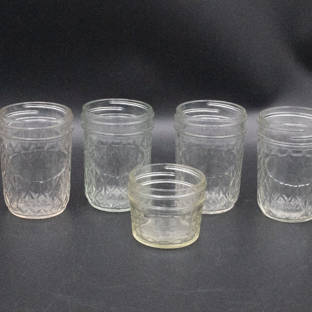Vintage Ball Quilted Crystal Half Pint Jelly Jars + unmarked quarter pint jar